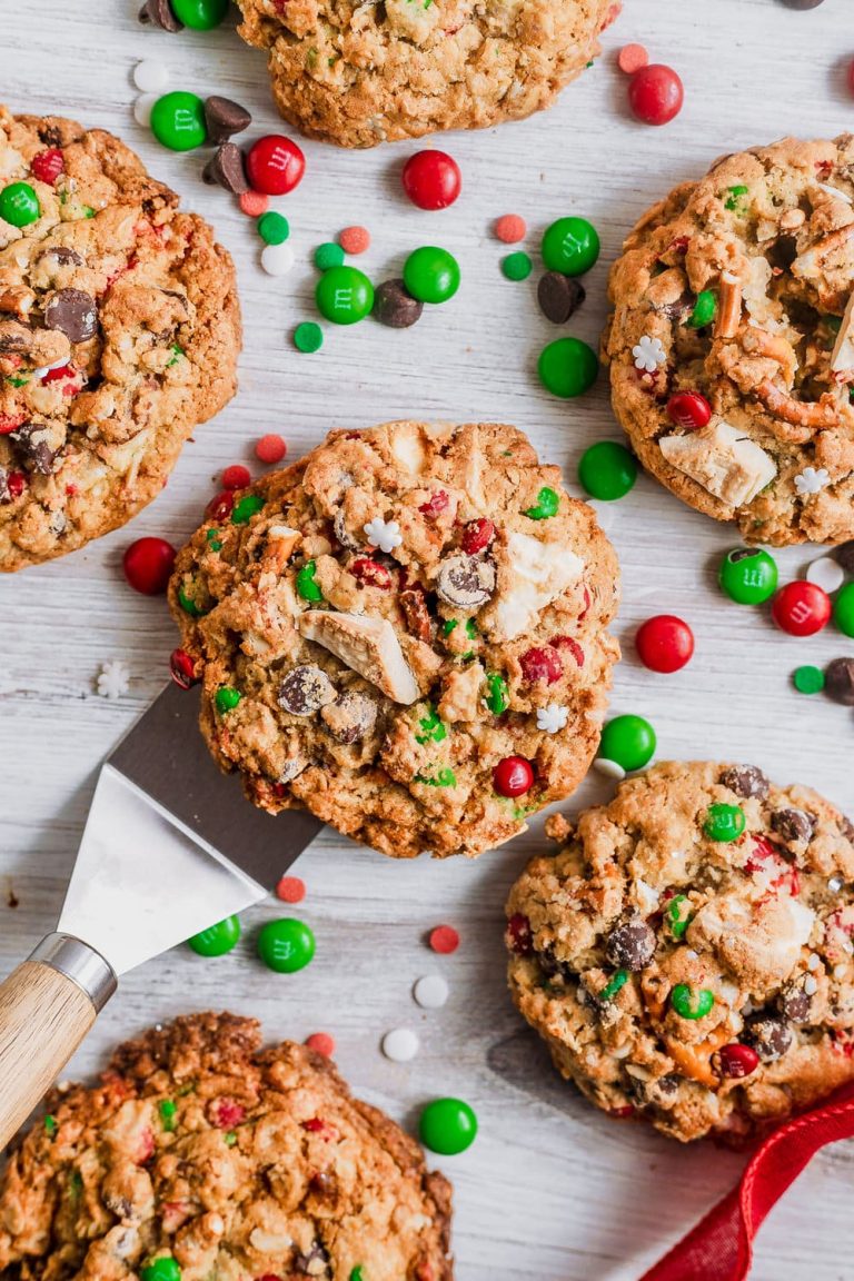 Christmas cookies with chocolate chips and m&m's.