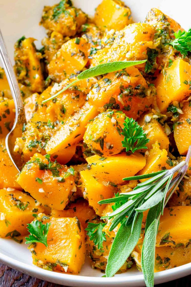 Roasted butternut squash with herbs.