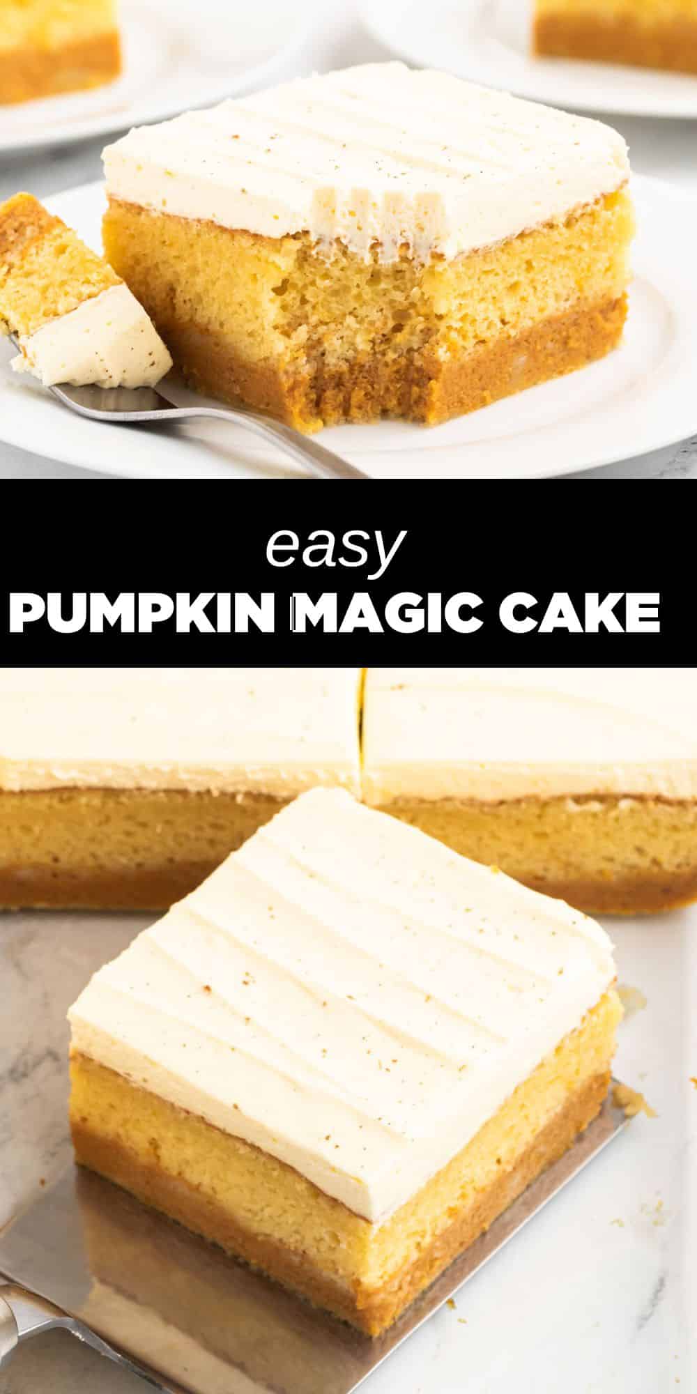 This moist Magic Pumpkin Cake features a creamy pumpkin layer and a fluffy yellow cake layer that magically swaps places as the cake bakes. To complete this amazing fall dessert, it's topped with decadent creamy sweet frosting as the top layer.