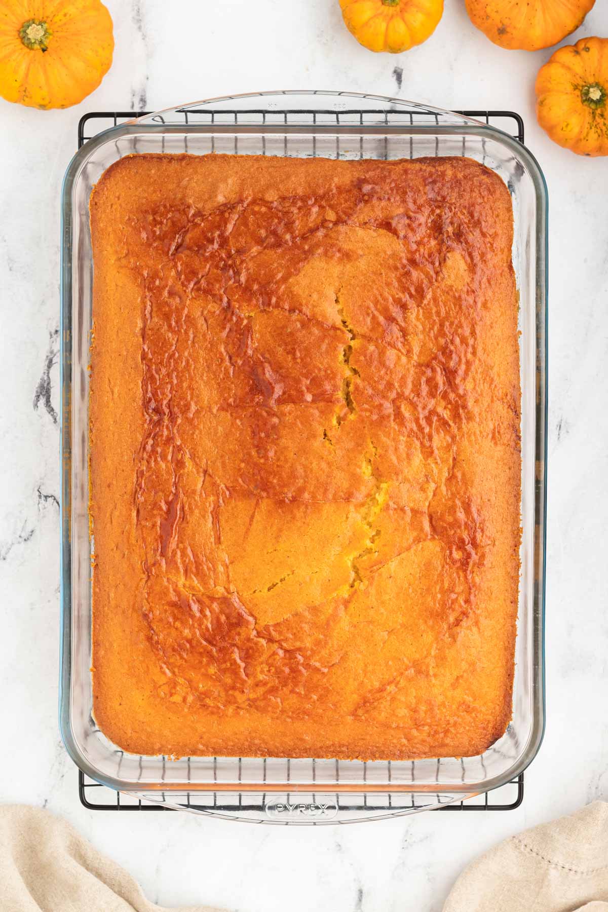 Pumpkin cake in a baking dish with pumpkins on the side on marble counter