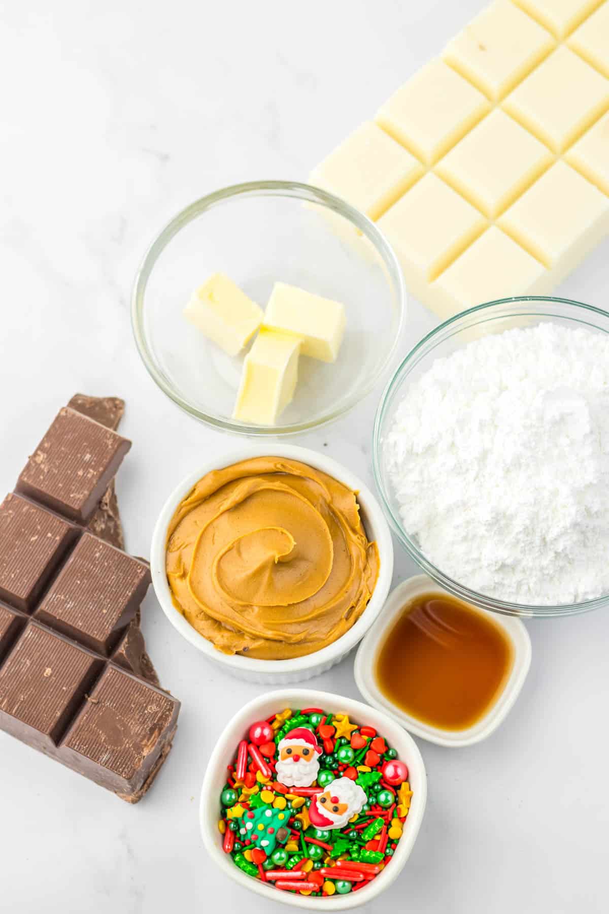 The ingredients for a christmas peanut butter cups recipe.