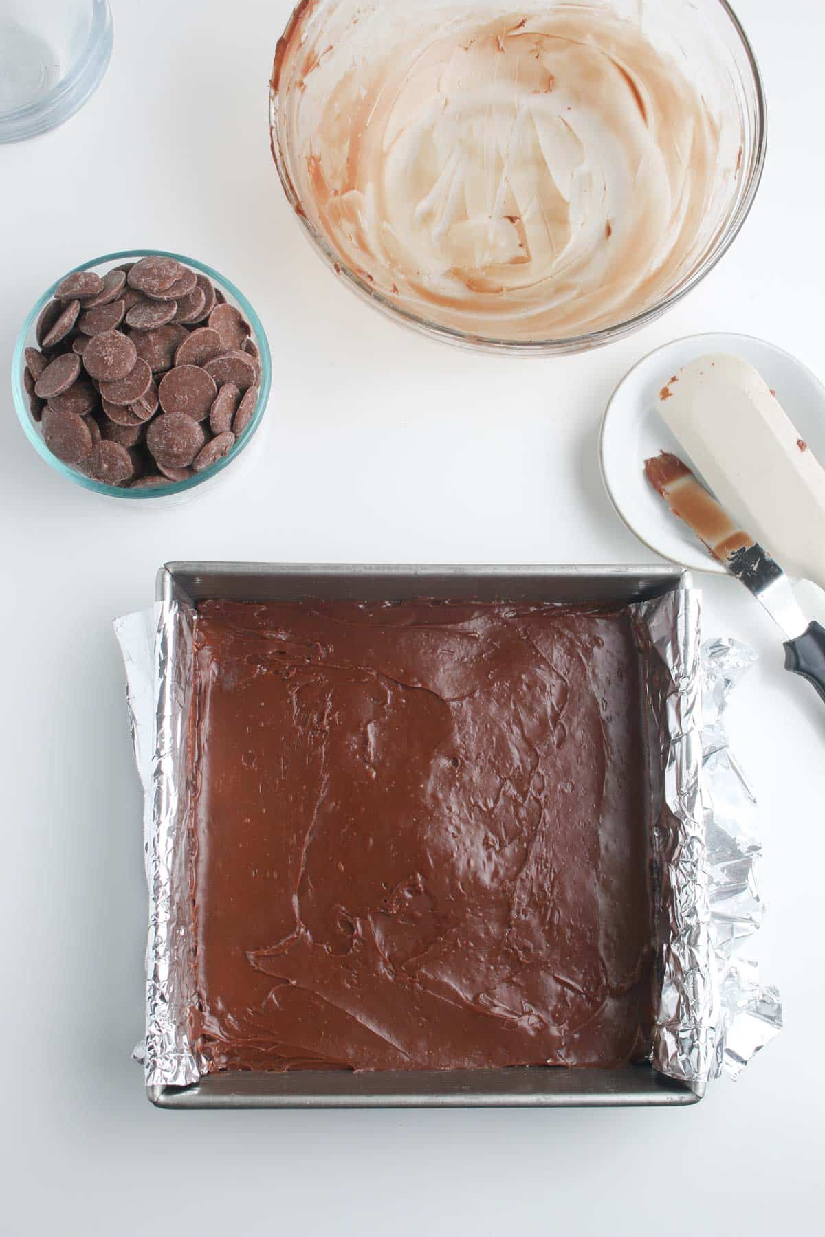 A baking pan with chocolate and other ingredients.