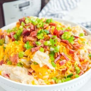 A bowl of loaded mashed potatoes in front of a slow cooker.