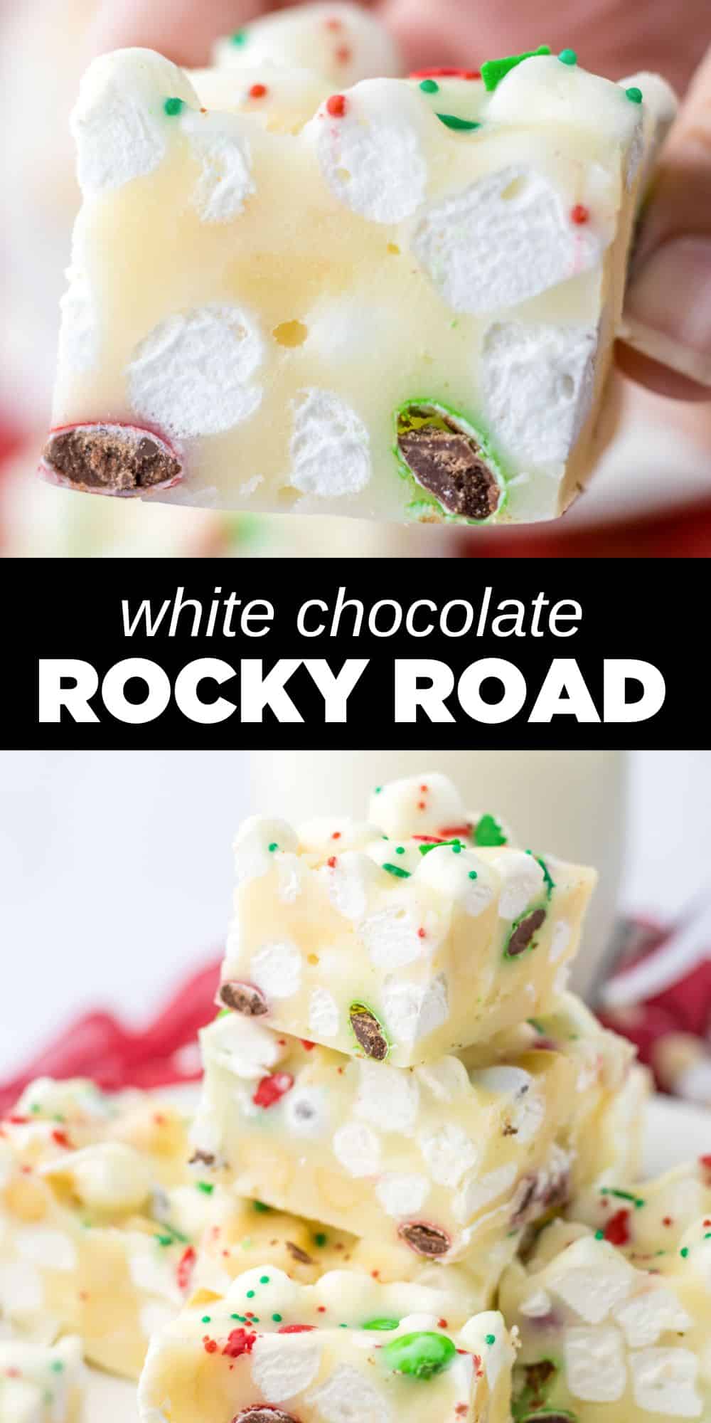 These Christmas Rocky Road Candy is the best, so delicious and festive! White chocolate combines with butter and peppermint extract to create a creamy base for mini marshmallows, candies and macadamia nuts. This is the perfect Christmas treat to serve at parties or give away as gifts.