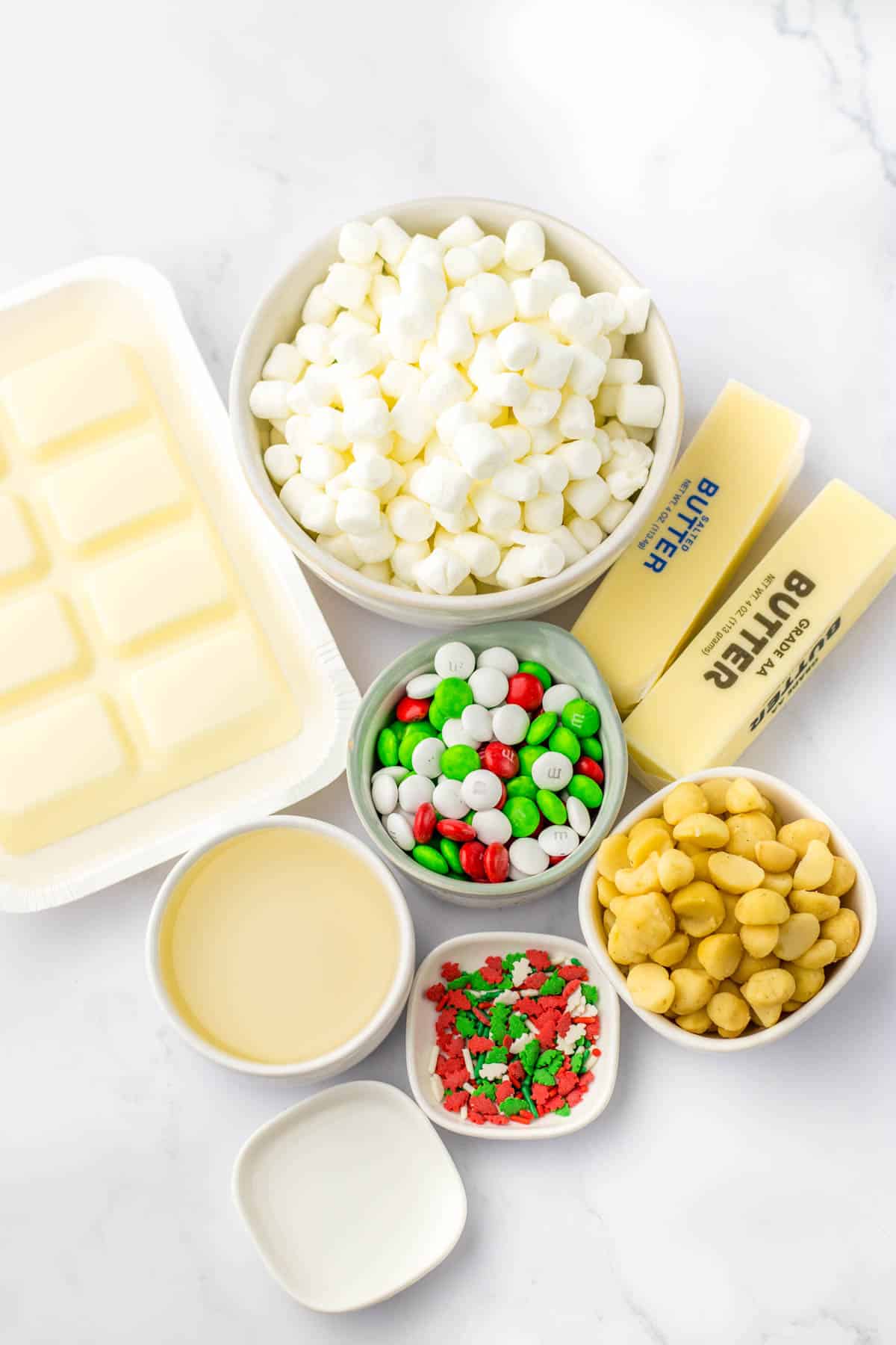 ingredients for white chocolate rocky road on white counter