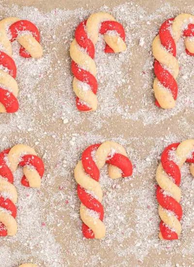 Peppermint candy cane cookies on a baking sheet.