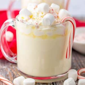 A cup of slow cooker white hot chocolate with marshmallows and candy canes.