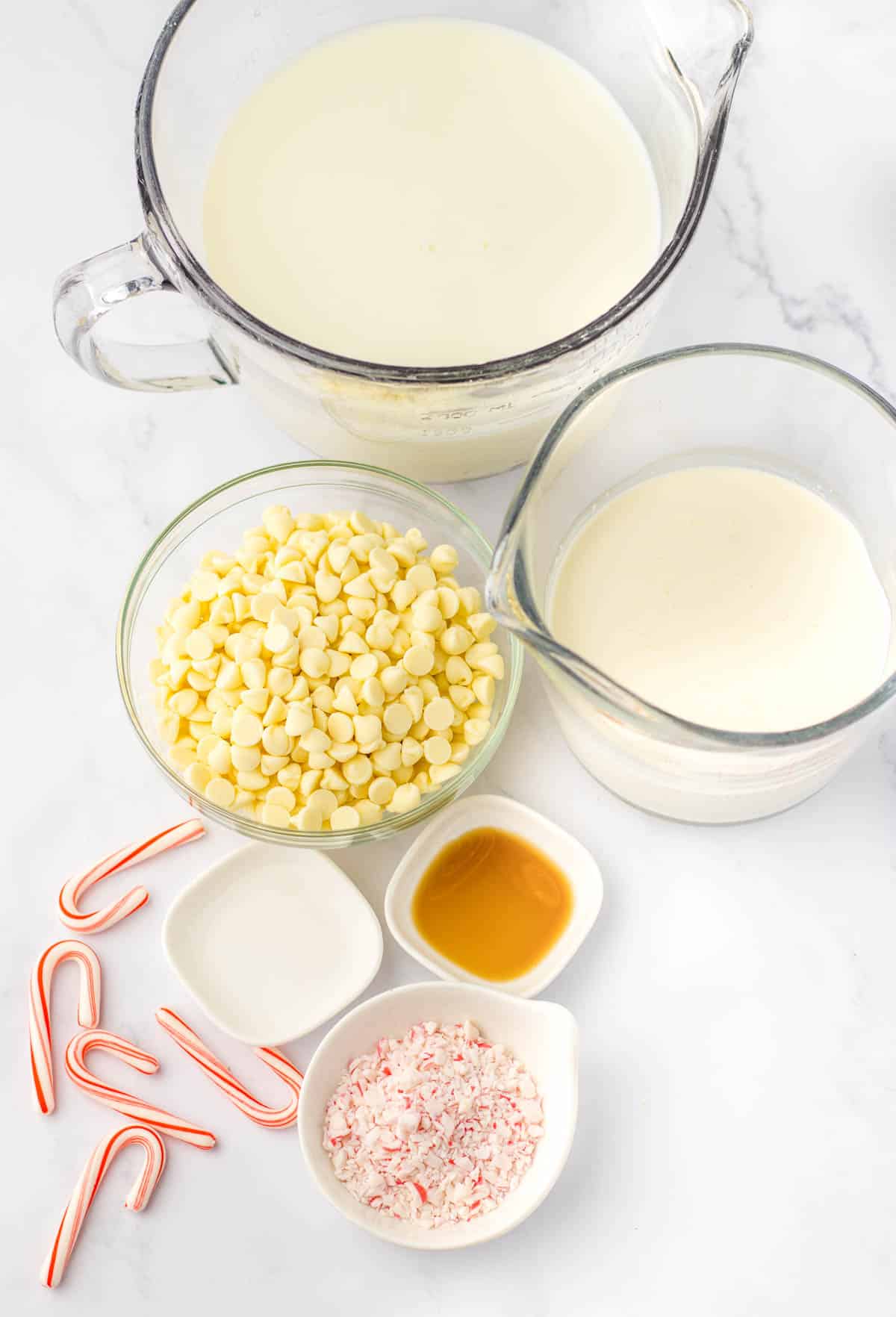 The ingredients for a candy cane milkshake.