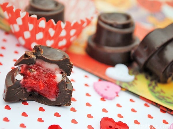 Valentine's day chocolate truffles with raspberry filling.