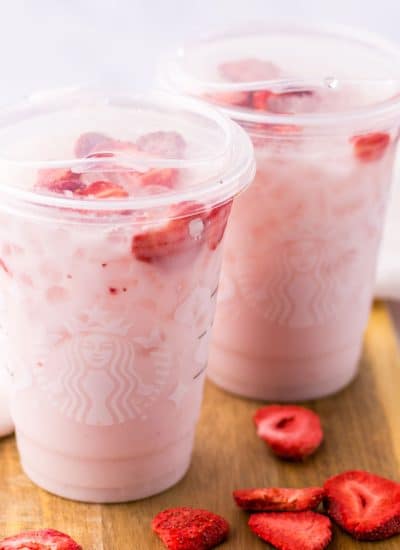 Copycat Starbucks Pink Drink with dried strawberries.