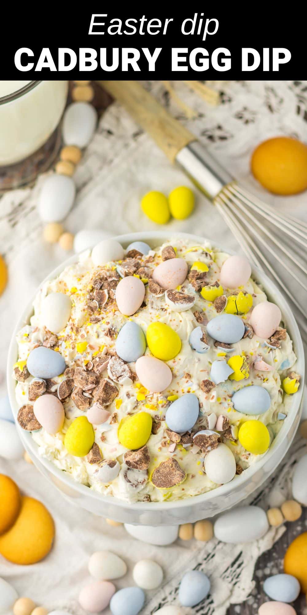 This Cadbury Egg Dip is perfect for Easter. It is a cool and creamy dip stuffed with those delicious chocolate eggs everyone loves. The dip base is cream cheese and whipped topping sweetened with powdered sugar and all those chocolate eggs. This dip is easy and quick to make and looks so pretty, it is sure to be the hit of the Easter dessert table!