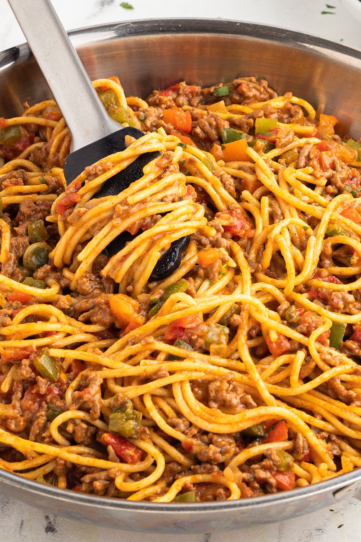 A pan of Taco Spaghetti.