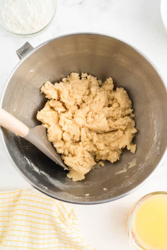 A mixing bowl with shortbread batter in it