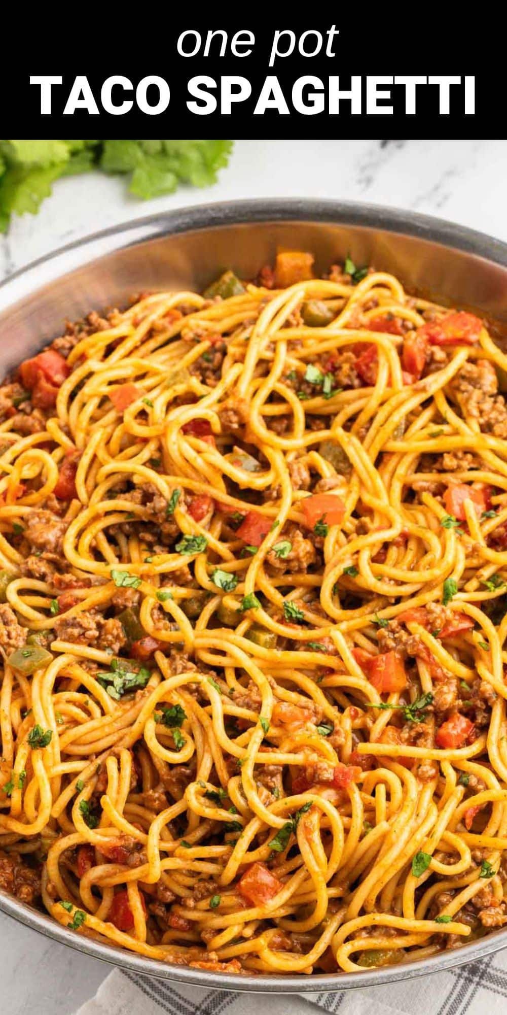 This easy Taco Spaghetti is a mouth-watering one-pot meal that's both Tex-Mex and Italian-inspired. It's a delicious and hearty 30-minute dish you can make without having to mess up every pot in the kitchen.