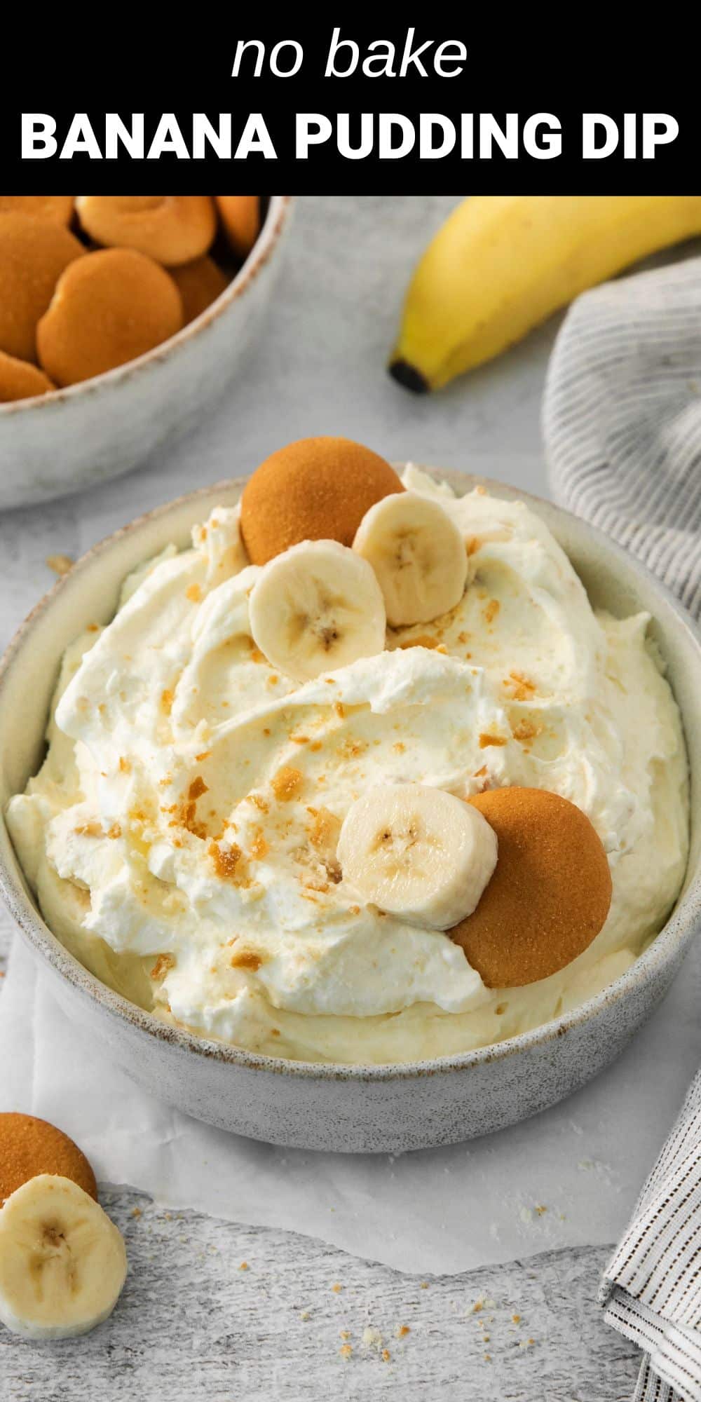 This easy banana pudding dip is the perfect make-ahead treat! It starts with rich banana pudding, folded with whipped cream cheese and fresh whipped cream before being mixed with fresh diced banana and crisp vanilla wafers.