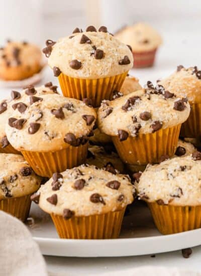 Mini chocolate chip muffins on a white plate.