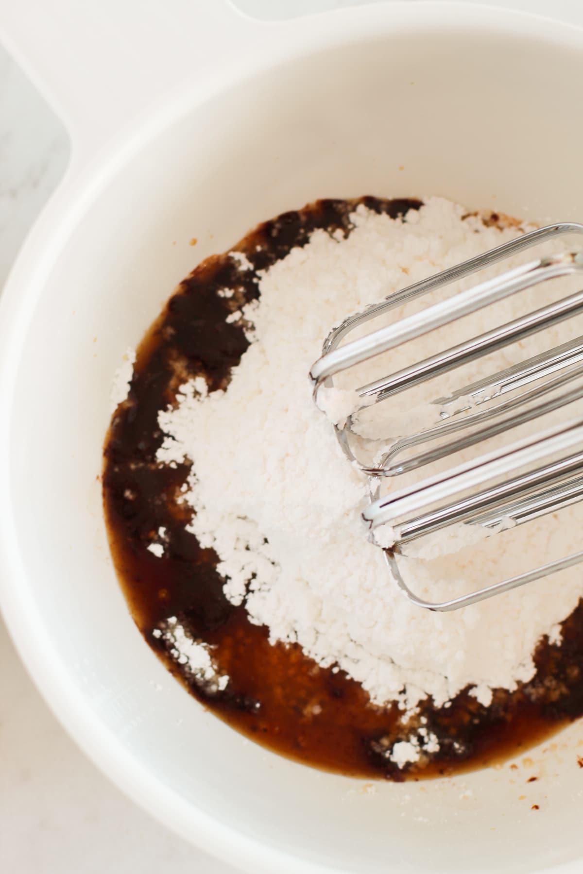 Mixing all the frosting ingredients for Fudgy Mocha Brownies