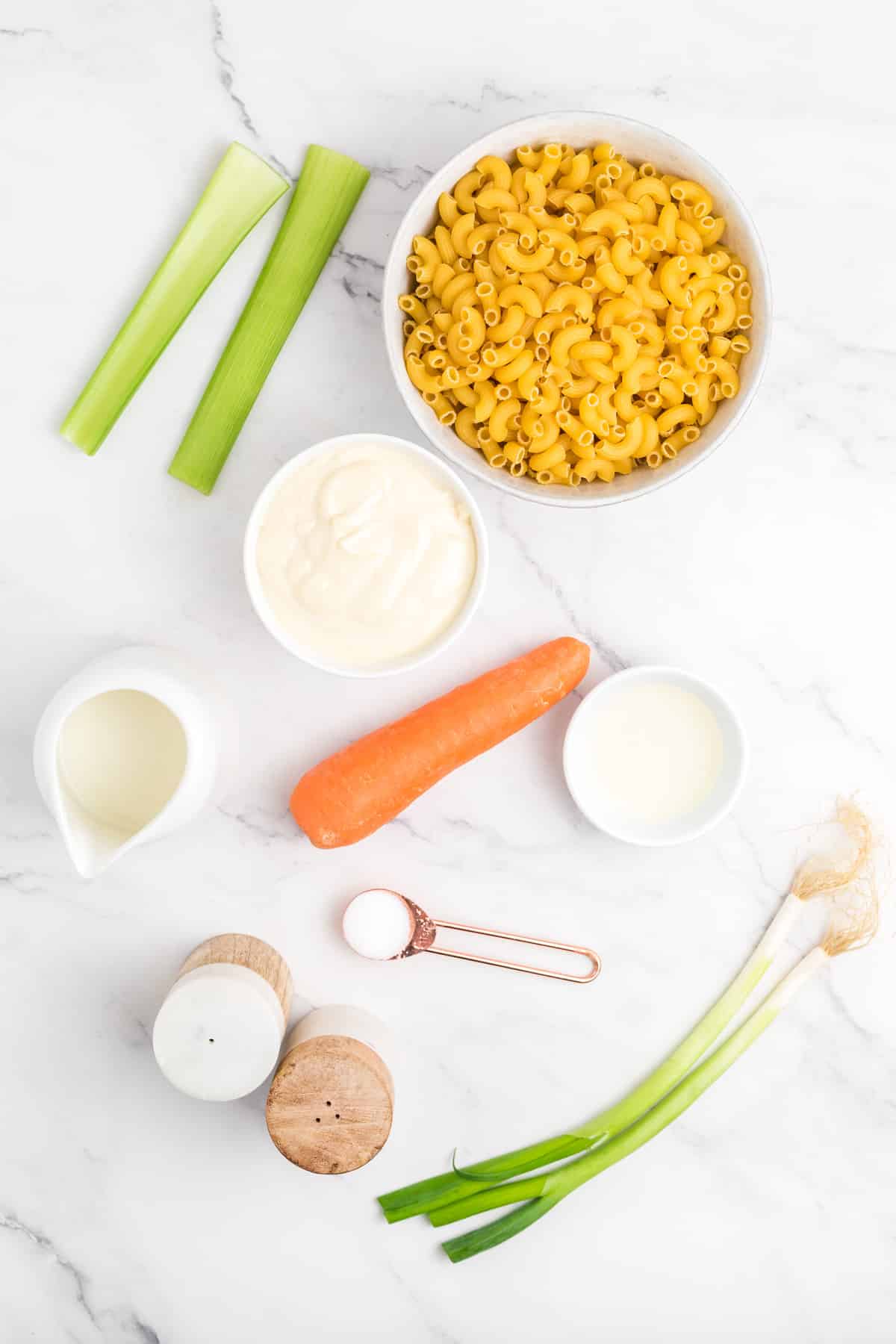 Ingredients for Hawaiian Macaroni Salad includes: macaroni, celery, carrot, spring onions, mayonnaise, milk, salt, apple cider vinegar, and pepper on a marble surface.