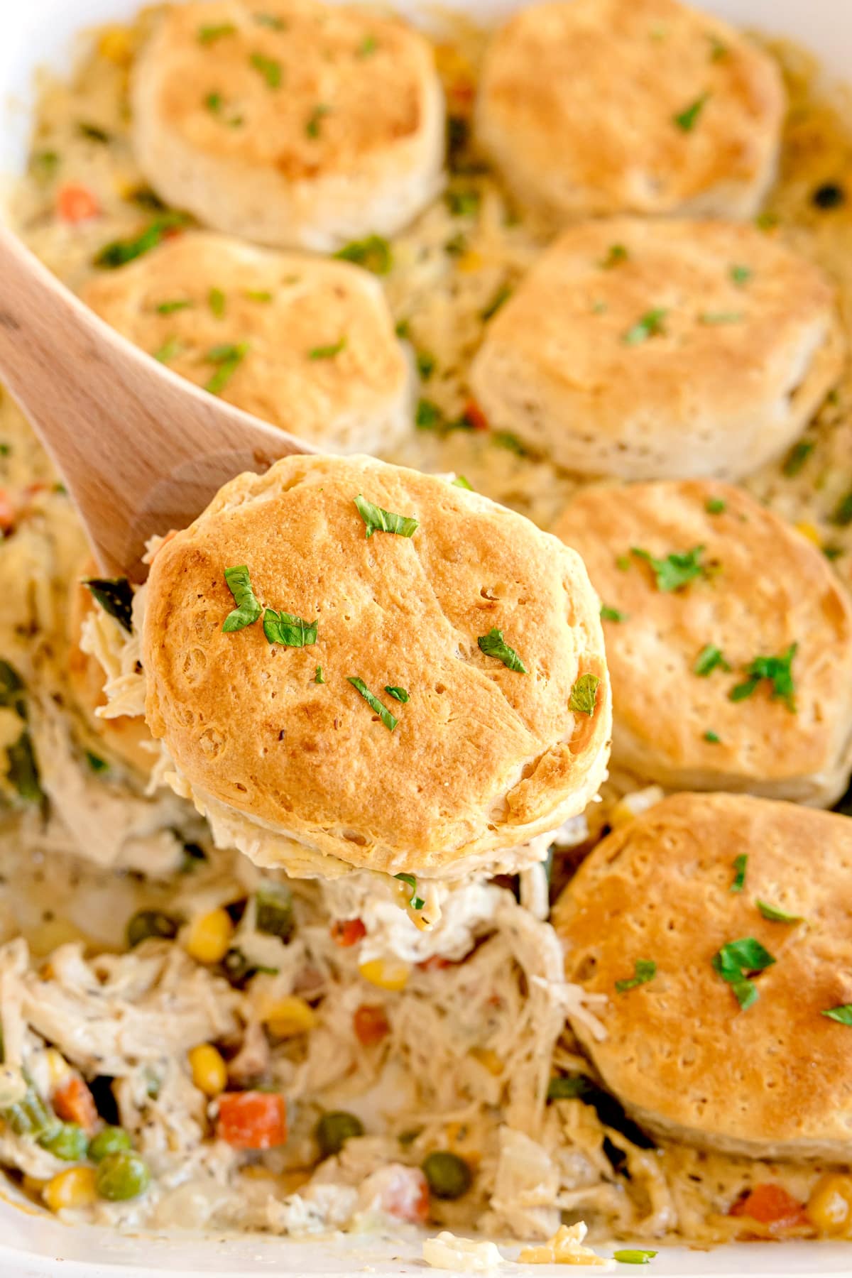 A wooden spoon lifts a biscuit-topped serving of Chicken Pot Pie Casserole with vegetables from a baking dish.