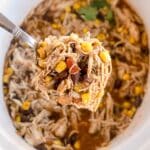 A spoonful of Slow Cooker Southwestern Chicken—featuring shredded chicken, corn, black beans, and tomatoes in a savory broth—is held above a bowl containing the same hearty mixture.