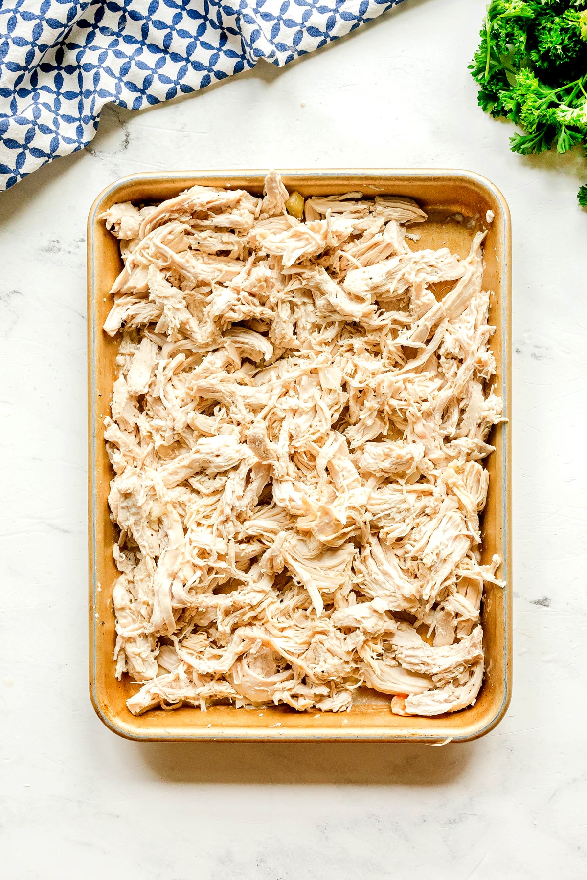 Next step in preparing Slow Cooker Chicken and Noodles is to shred cooked chicken on a white surface, with a blue patterned towel and parsley nearby.