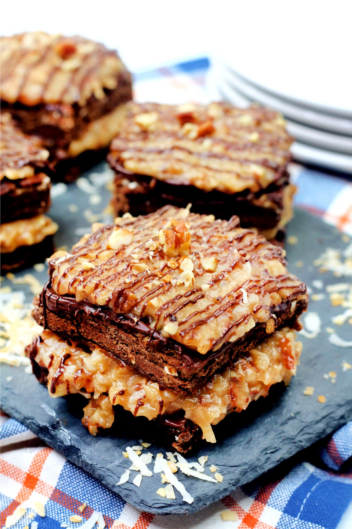 A slice of German Chocolate Brownies on a plate