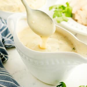 A spoonful of Chicken Gravy being poured into a white gravy boat.