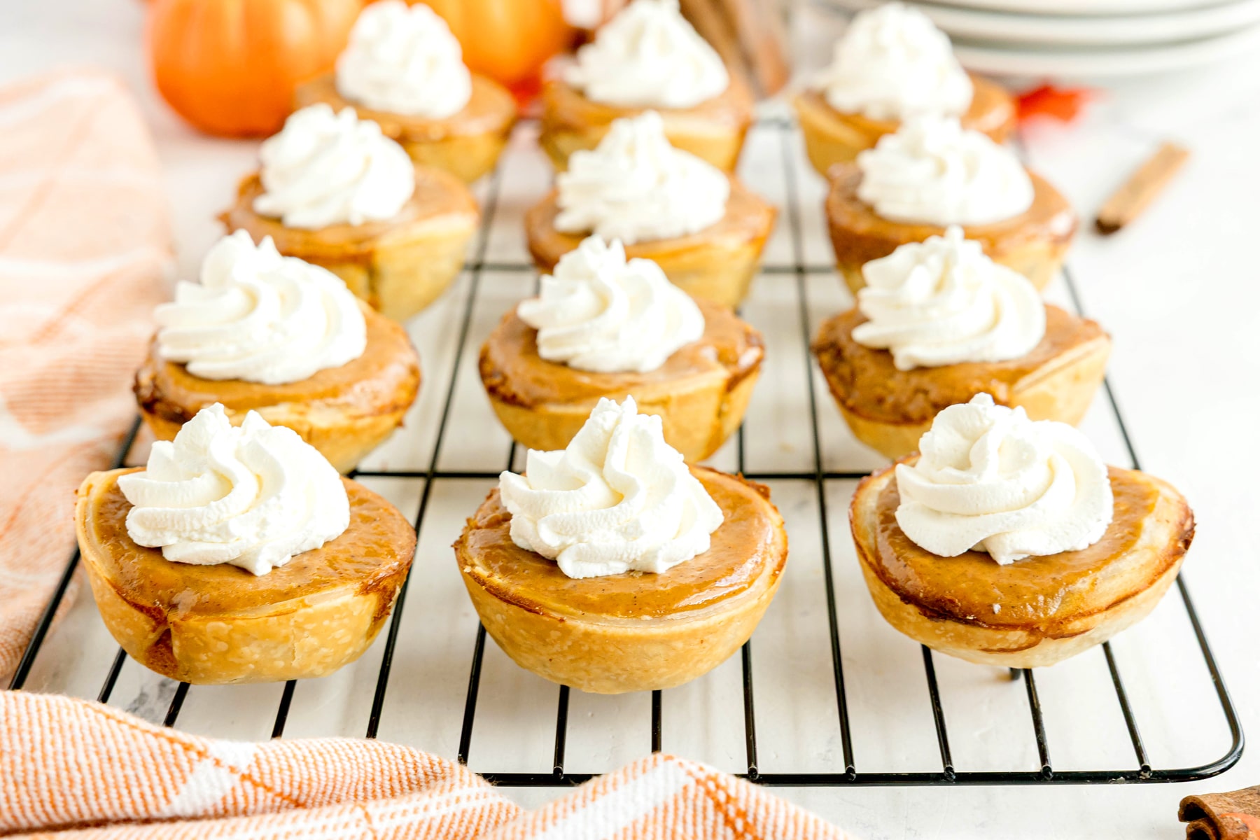 A cooling rack filled with individual Mini Pumpkin Pies topped with whipped cream.