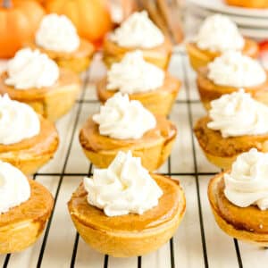 A grid of Mini Pumpkin Pies topped with whipped cream on a wire cooling rack.